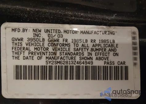 2003 Pontiac Vibe z USA, uszkodzony, nr VIN 5Y2SM62813Z464949